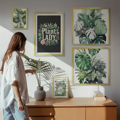 Gallerijmuur met groene accenten in boho-stijl