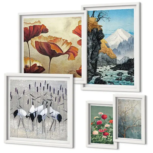 Moderne schilderijen set met bloemen en bergen in landschappen