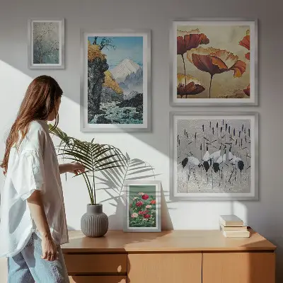 Moderne schilderijen set met bloemen en bergen in landschappen
