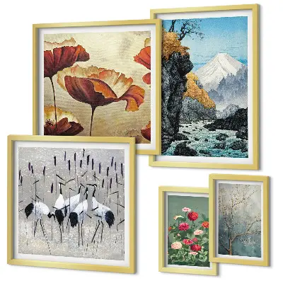 Moderne schilderijen set met bloemen en bergen in landschappen