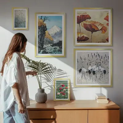 Moderne schilderijen set met bloemen en bergen in landschappen