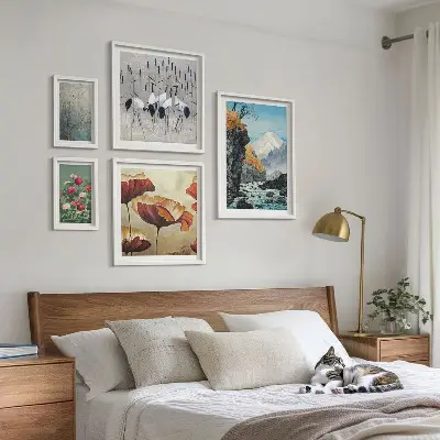 Moderne schilderijen set met bloemen en bergen in landschappen