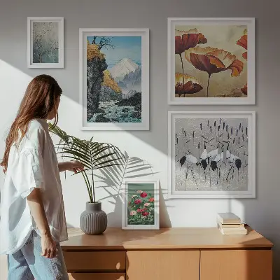 Moderne schilderijen set met bloemen en bergen in landschappen
