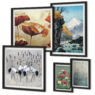Moderne schilderijen set met bloemen en bergen in landschappen