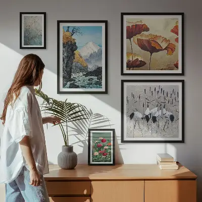 Moderne schilderijen set met bloemen en bergen in landschappen
