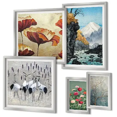 Moderne schilderijen set met bloemen en bergen in landschappen