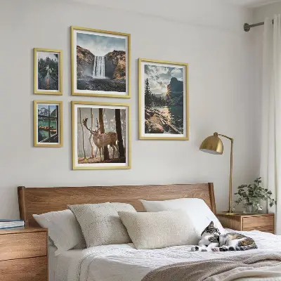 Set van moderne schilderijen met landschappen, natuur, watervallen en fauna
