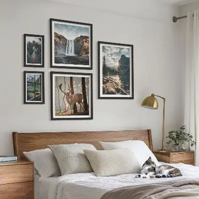 Set van moderne schilderijen met landschappen, natuur, watervallen en fauna