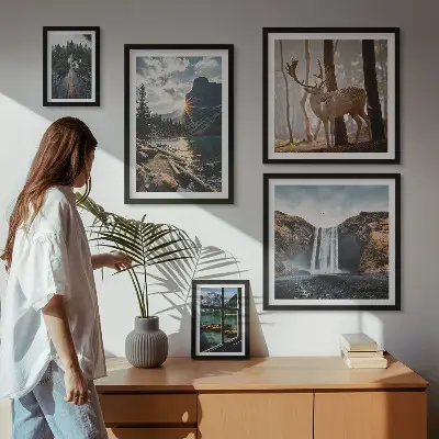 Set van moderne schilderijen met landschappen, natuur, watervallen en fauna