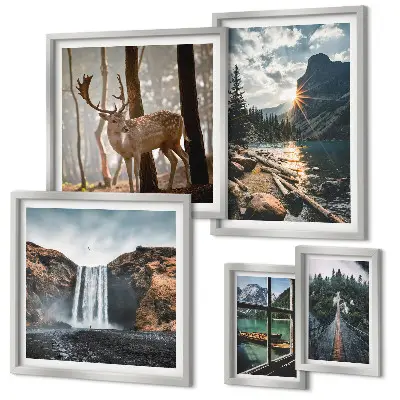 Set van moderne schilderijen met landschappen, natuur, watervallen en fauna