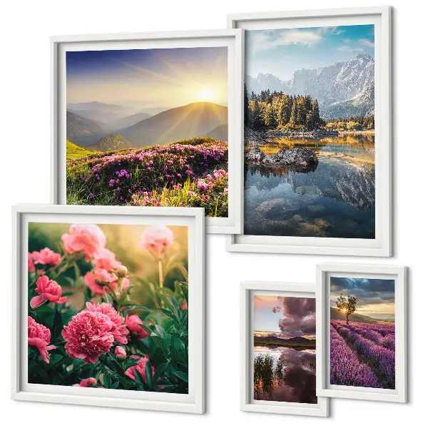 Moderne schilderijen set met landschappen, natuur, bloemen en bergen