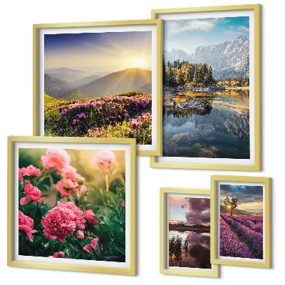 Moderne schilderijen set met landschappen, natuur, bloemen en bergen