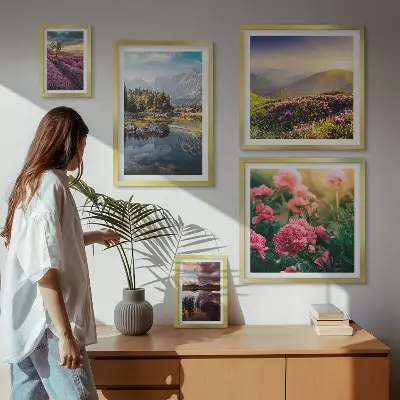 Moderne schilderijen set met landschappen, natuur, bloemen en bergen