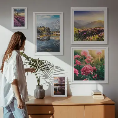 Moderne schilderijen set met landschappen, natuur, bloemen en bergen