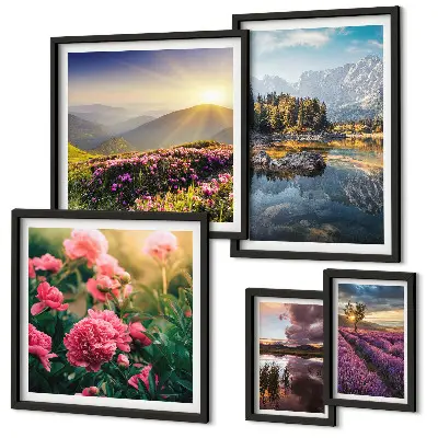 Moderne schilderijen set met landschappen, natuur, bloemen en bergen
