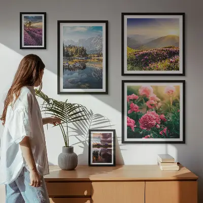 Moderne schilderijen set met landschappen, natuur, bloemen en bergen