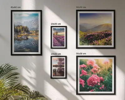Moderne schilderijen set met landschappen, natuur, bloemen en bergen
