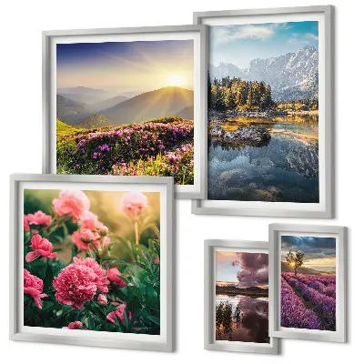 Moderne schilderijen set met landschappen, natuur, bloemen en bergen