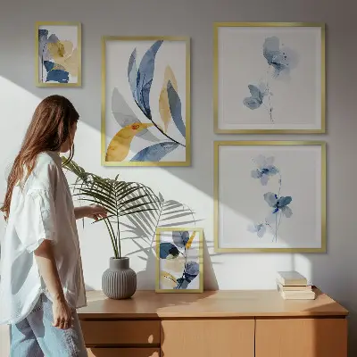 Set moderne schilderijen met plantenmotieven in pastelkleuren