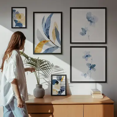 Set moderne schilderijen met plantenmotieven in pastelkleuren