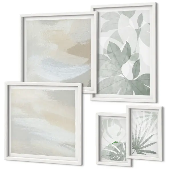 Gallery wall met grijze en witte plantmotieven