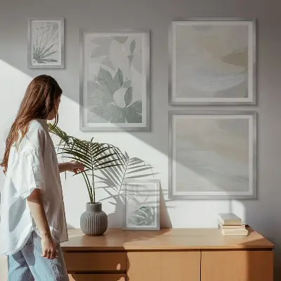 Gallery wall met grijze en witte plantmotieven