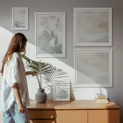 Gallery wall met grijze en witte plantmotieven