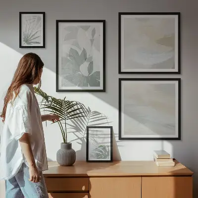 Gallery wall met grijze en witte plantmotieven