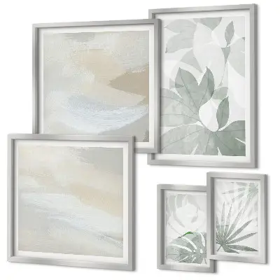 Gallery wall met grijze en witte plantmotieven