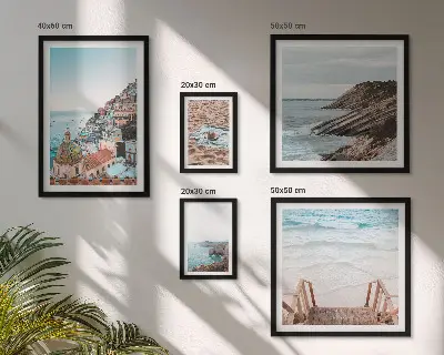 Moderne schilderijen set met Italiaanse stadjes, stranden en ontspanning