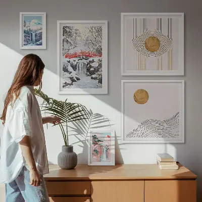 Gallery wall met landschappen, watervallen en bruggen in Japan