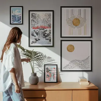 Gallery wall met landschappen, watervallen en bruggen in Japan