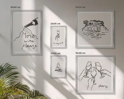 Wanddecoratie compositie Stijlvolle illustraties voor een wijntoast