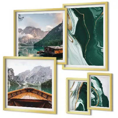 Set van moderne schilderijen met groene landschappen van water en bergen