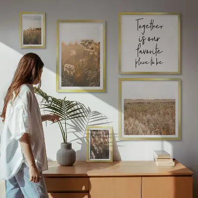 Moderne schilderijen set met natuurlandschappen, bloemen en spreuken