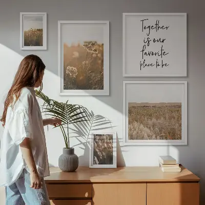 Moderne schilderijen set met natuurlandschappen, bloemen en spreuken