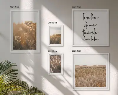 Moderne schilderijen set met natuurlandschappen, bloemen en spreuken