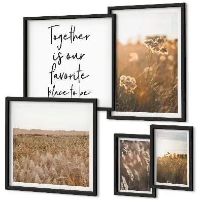 Moderne schilderijen set met natuurlandschappen, bloemen en spreuken