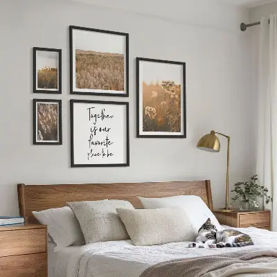 Moderne schilderijen set met natuurlandschappen, bloemen en spreuken