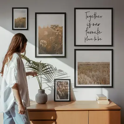 Moderne schilderijen set met natuurlandschappen, bloemen en spreuken