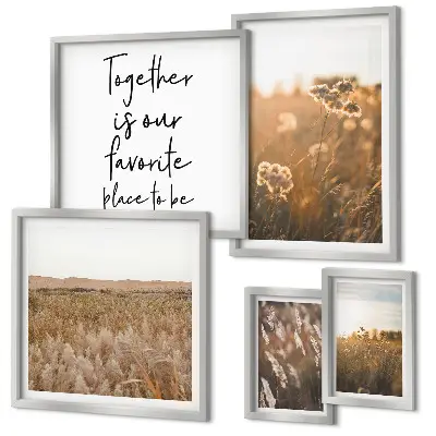 Moderne schilderijen set met natuurlandschappen, bloemen en spreuken