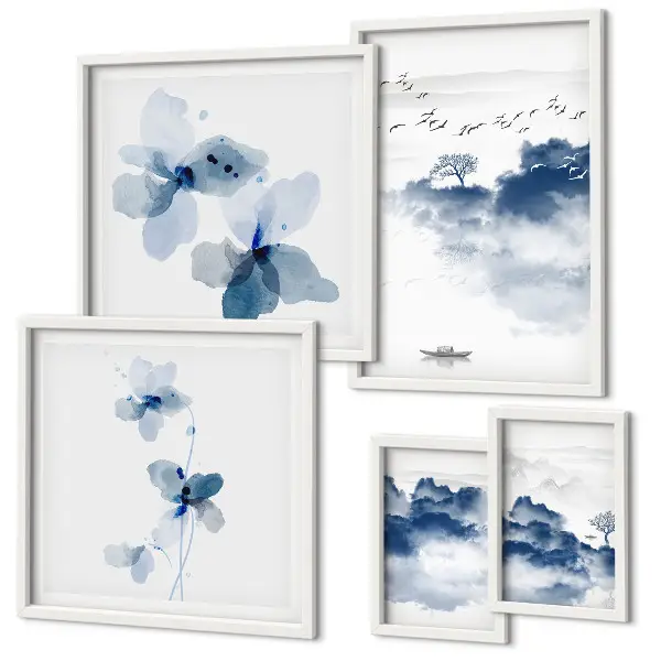 Moderne schilderijen set met landschappen, bloemen en water in een rustige stijl