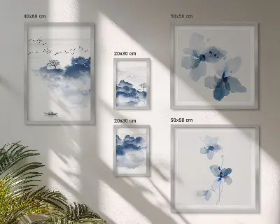 Moderne schilderijen set met landschappen, bloemen en water in een rustige stijl