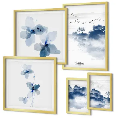 Moderne schilderijen set met landschappen, bloemen en water in een rustige stijl