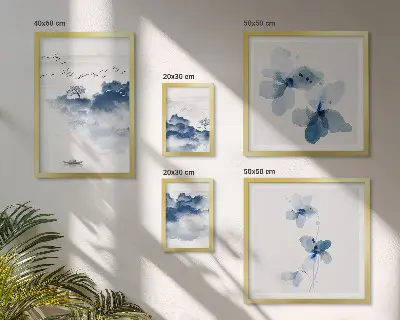 Moderne schilderijen set met landschappen, bloemen en water in een rustige stijl