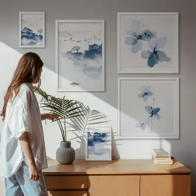 Moderne schilderijen set met landschappen, bloemen en water in een rustige stijl