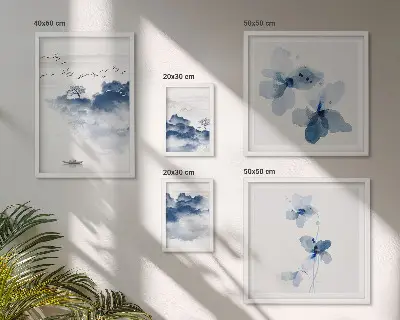 Moderne schilderijen set met landschappen, bloemen en water in een rustige stijl