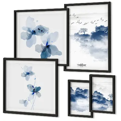 Moderne schilderijen set met landschappen, bloemen en water in een rustige stijl