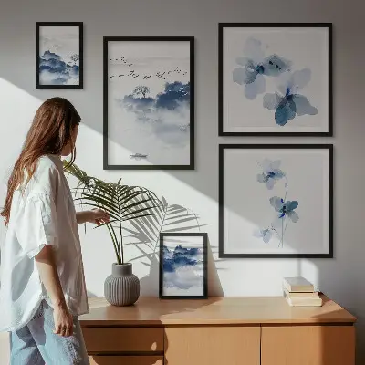 Moderne schilderijen set met landschappen, bloemen en water in een rustige stijl