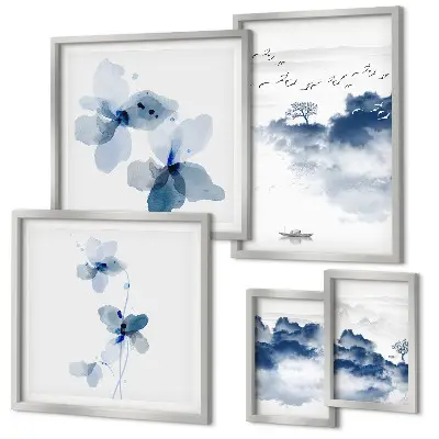 Moderne schilderijen set met landschappen, bloemen en water in een rustige stijl